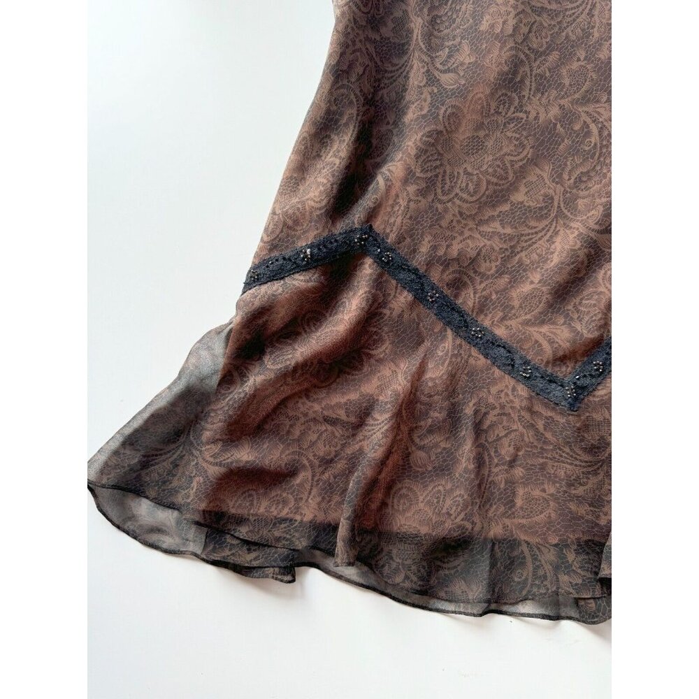 Vintage LAUNDRY BY SHELLI SEGAL Brown Lace Print Silk Beaded Slip Dress, Size 10 - Picture 8 of 12